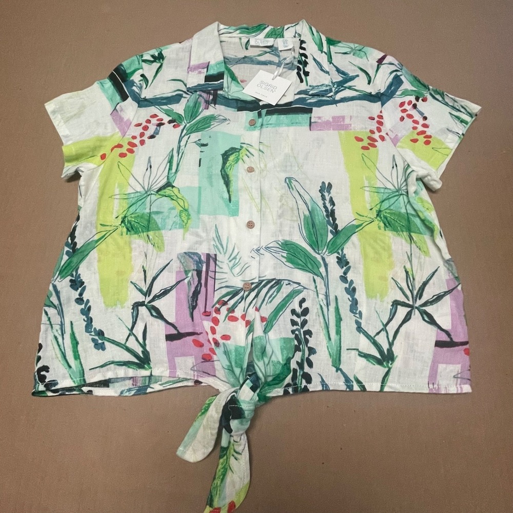 Sigrid Olsen 100% Linen Shirt Womens Medium M Tie Front Tropical Botanical NWT‎